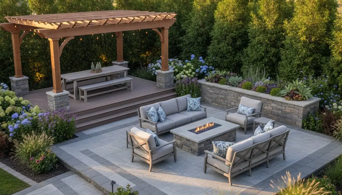 Backyard patio landscaping with lighting and plantings by professional landscapers in Boise, Idaho