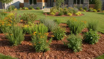 Organic landscape beds with natural mulch and native plants by sustainable landscapers in Boise, ID