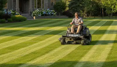 Commercial mower creating crisp lawn stripes during professional mowing service in Boise, ID