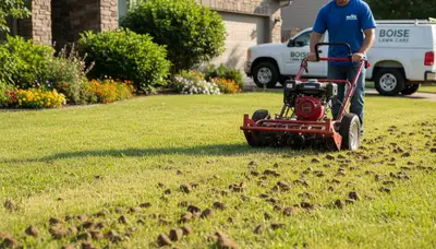 Professional core lawn aeration in Boise, ID with aerator machine improving residential soil health