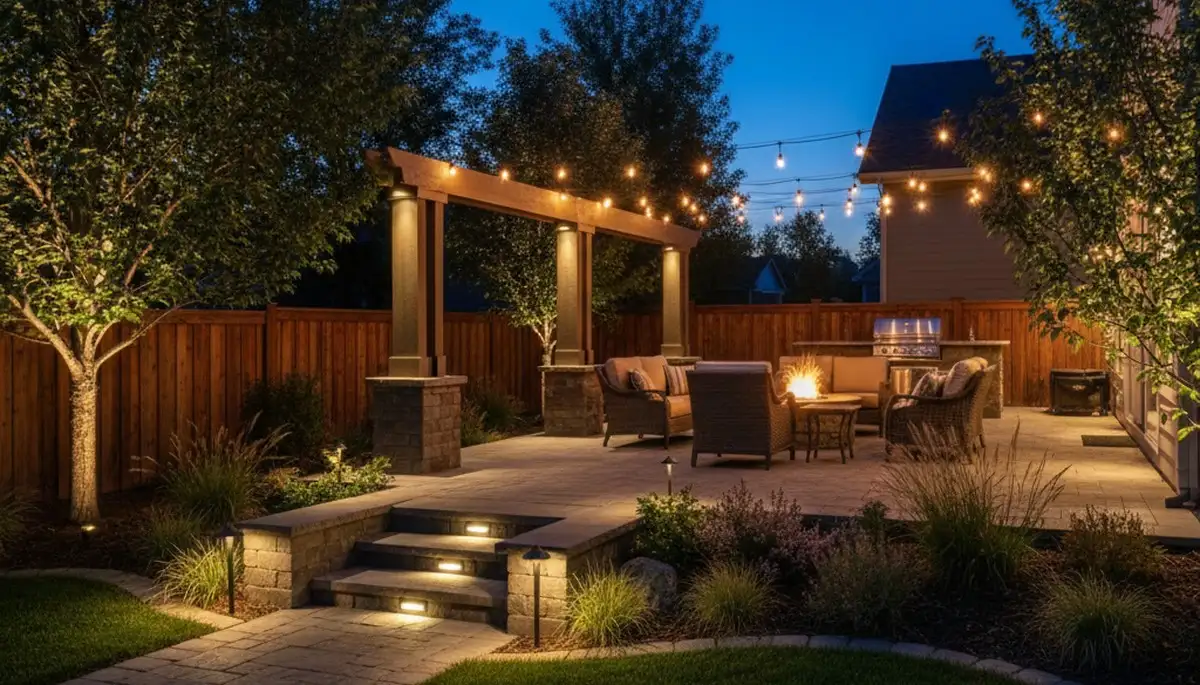 Deck and patio landscape lighting in Boise, ID with post, step, and ambient lights by Chop Chop Landscaping