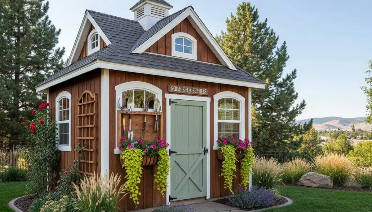 Decorative garden shed with landscaped pathway and plants by Chop Chop Landscaping in Boise, ID