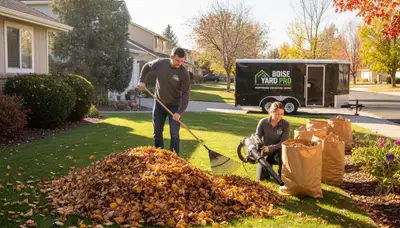 Landscapers in Boise, ID performing fall yard clean up and leaf removal at a residential property