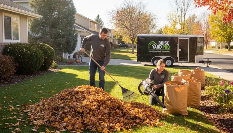 Landscapers in Boise, ID performing fall yard clean up and leaf removal at a residential property