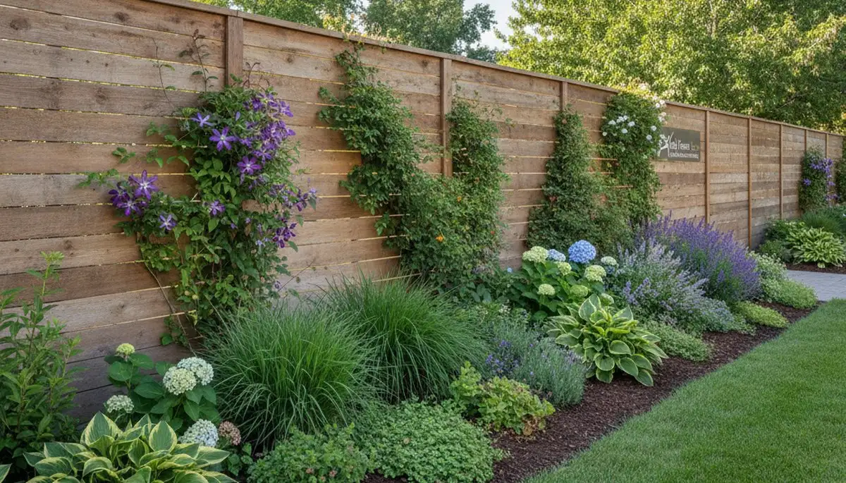 Boise ID custom fence with climbing plants and garden beds by Chop Chop Landscaping