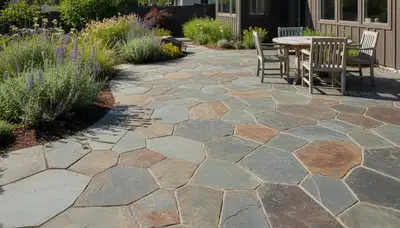 Flagstone patio installation with natural stone pavers by Chop Chop Landscaping in Boise, Idaho