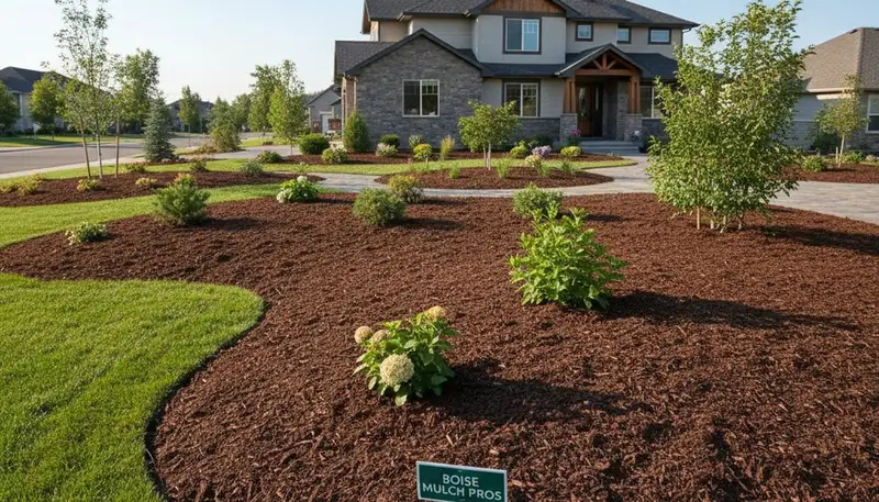 Freshly spread mulch beds with clean edges by professional landscapers in Boise, ID
