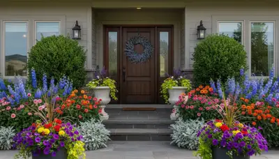 Front yard landscape design with colorful flowers and shrubs by professional landscapers in Boise, ID