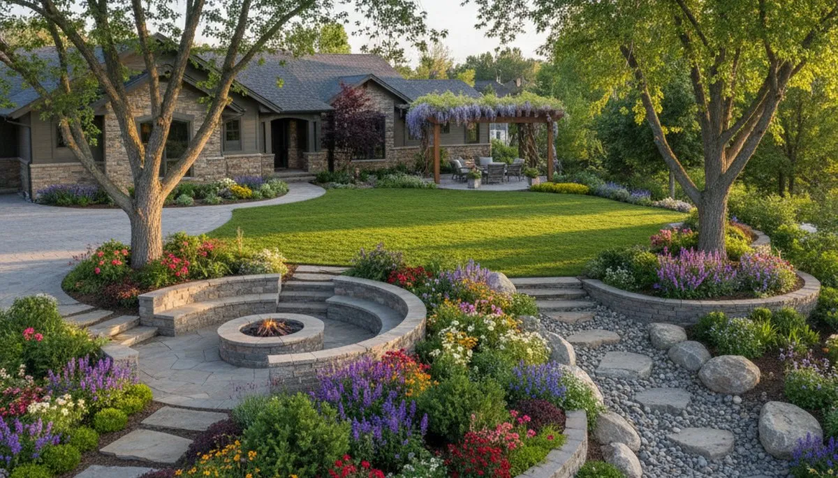 Full property landscape transformation with lush lawn and hardscape by Boise, ID landscaping experts