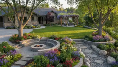 Full property landscape transformation with lush lawn and hardscape by Boise, ID landscaping experts