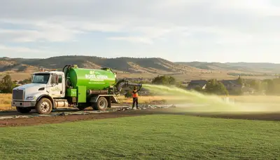 Professional hydroseeder truck spraying green slurry on new lawn in Boise, ID by Chop Chop Landscaping