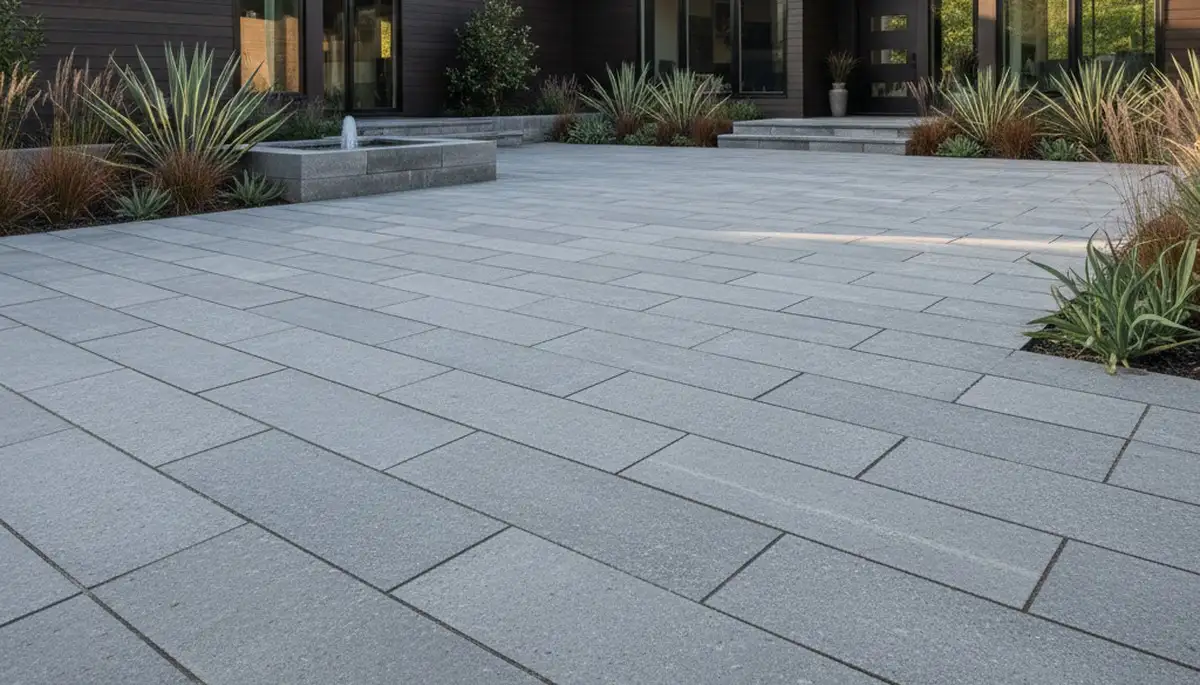 Large format stone slab patio installation by professional landscapers in Boise, ID