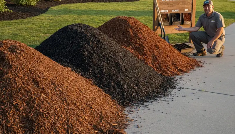 Brown, black, and red mulch color options displayed for landscaping projects in Boise, Idaho