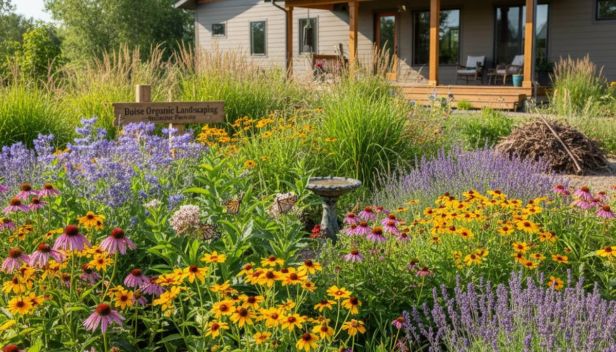 Native pollinator garden with bee-friendly flowers and butterflies by organic landscapers in Boise, ID