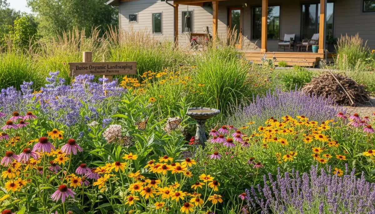 Native pollinator garden with bee-friendly flowers and butterflies by organic landscapers in Boise, ID