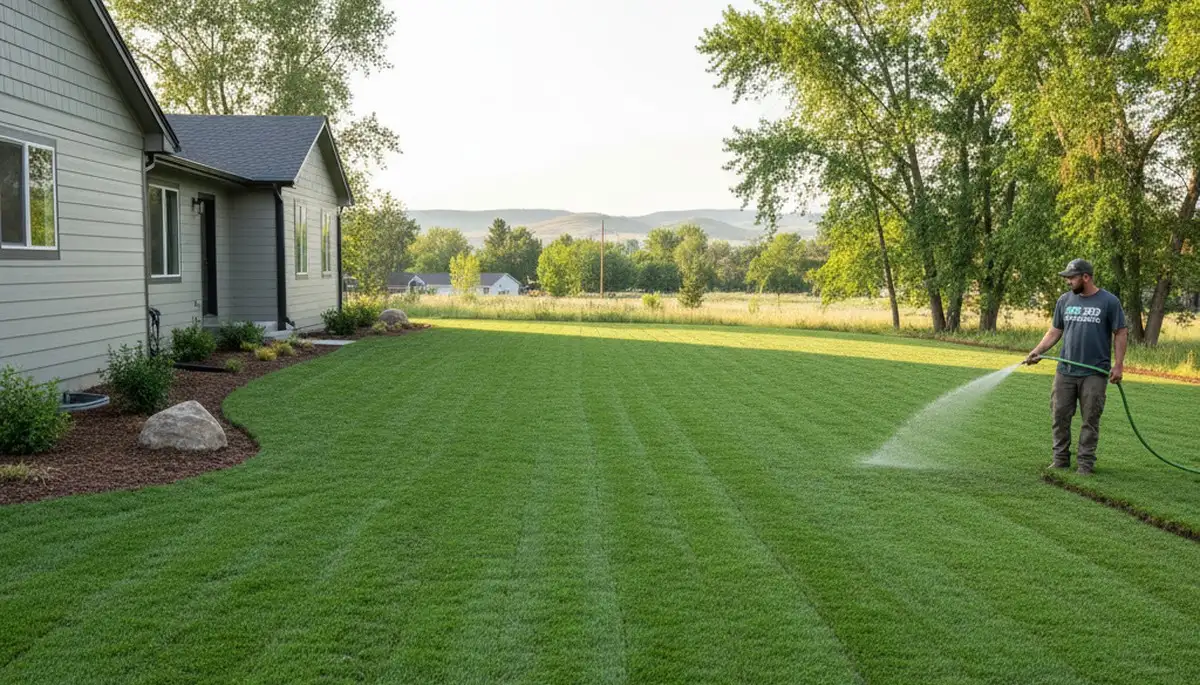 Freshly installed vibrant green sod lawn by professional landscapers in Boise, ID