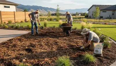 Boise ID landscapers applying organic compost and natural fertilizer to landscape beds for healthy soil