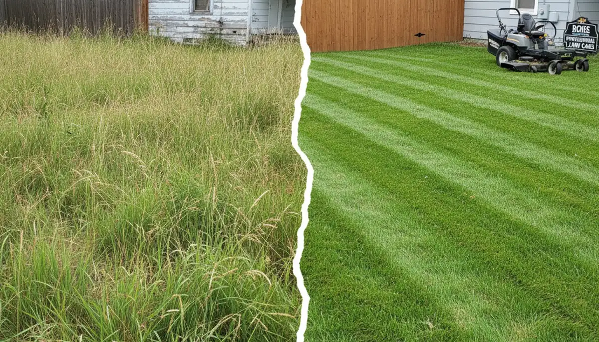 Before and after lawn mowing showing lush, even grass by Boise, ID landscapers at Chop Chop Landscaping
