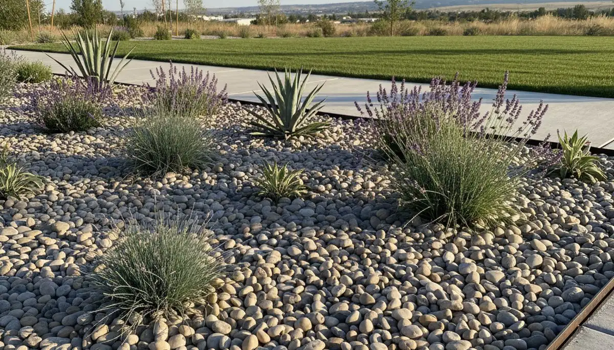 Pea gravel mulch in Boise ID residential yard showing clean, durable, low-maintenance landscape design