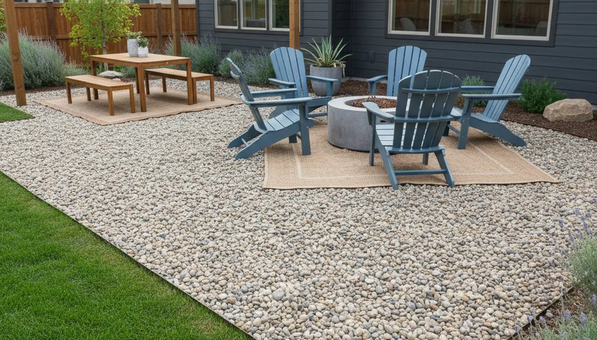 Professional pea gravel patio installation in Boise ID with clean edging and outdoor furniture setup