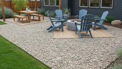 Professional pea gravel patio installation in Boise ID with clean edging and outdoor furniture setup