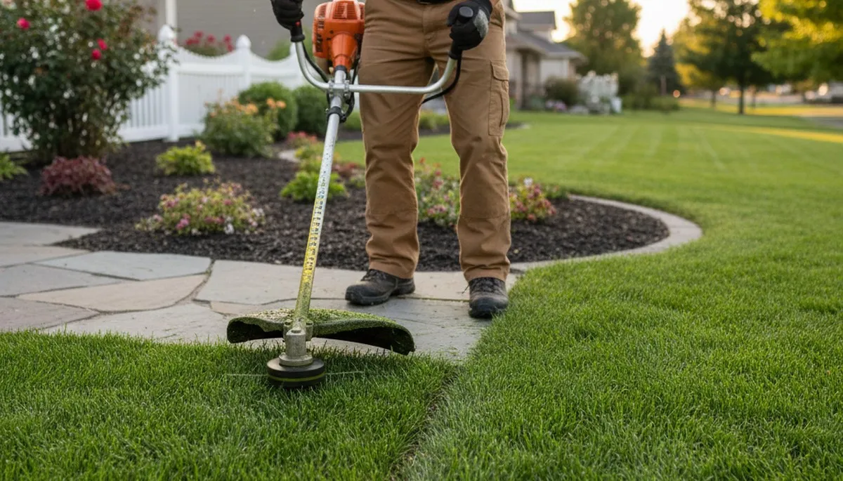 Professional landscaper performing precise lawn edging and trimming in Boise, ID for a clean, finished look