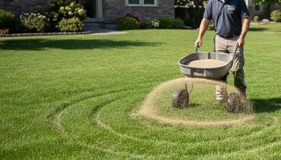 Lawn care technician spreading fertilizer with broadcast spreader in Boise, ID yard