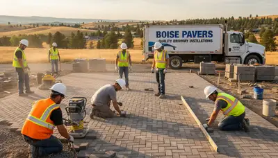 Professional crew installing driveway pavers in Boise ID during landscaping and base preparation process