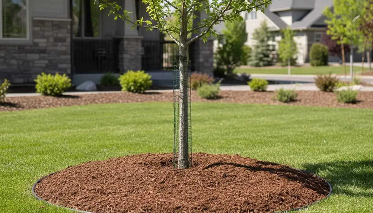 Professional circular tree mulch ring installation enhancing Boise, ID landscape by Chop Chop Landscaping