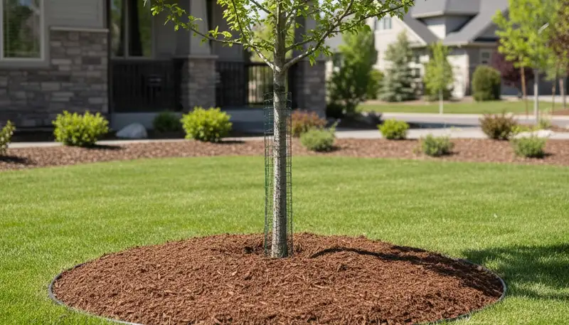Professional circular tree mulch ring installation enhancing Boise, ID landscape by Chop Chop Landscaping
