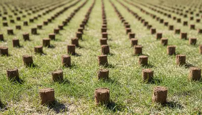 Close-up of soil core plugs after lawn aeration by professional landscapers in Boise, ID