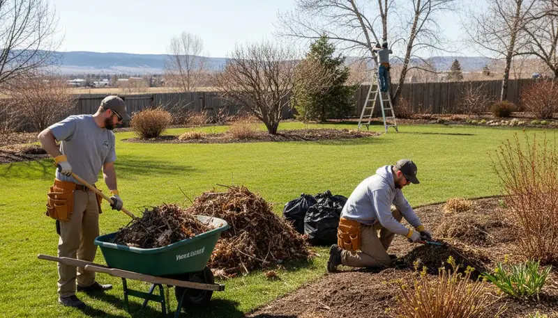 Boise ID landscapers performing spring yard clean up with debris removal, pruning, and bed refresh