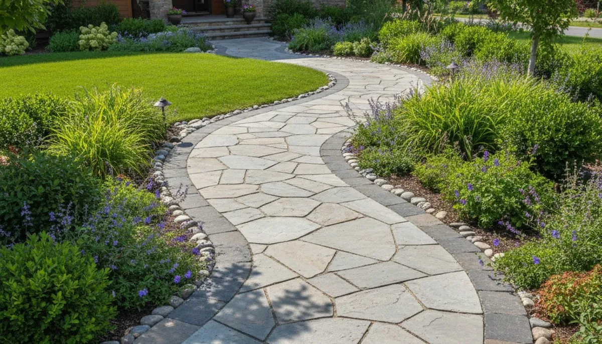 Curved stone paver walkway installation in Boise ID by Chop Chop Landscaping under natural daylight