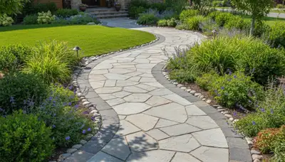 Curved stone paver walkway installation in Boise ID by Chop Chop Landscaping under natural daylight
