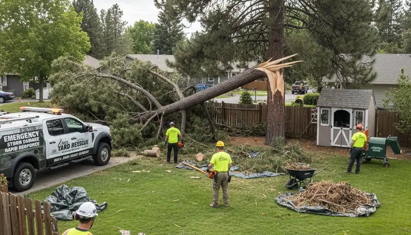 Boise ID landscapers clearing storm debris and fallen branches during professional yard cleanup service