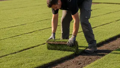 Professional landscaper laying sod rolls with expert placement and seams in Boise, ID yard installation